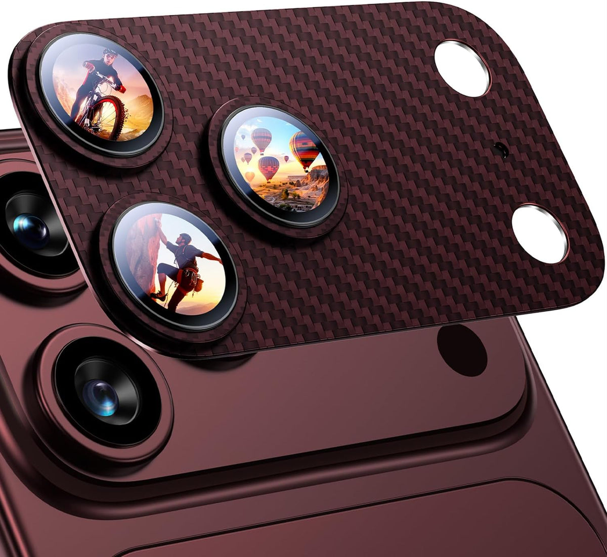 Uyiton for iPhone 18 Pro Max Camera Lens Protector, Fiber Texture Burgundy Not Easy to Break, Strong Adsorption, Case-Friendly, Metal 9H Glass Rear Camera Screen Cover