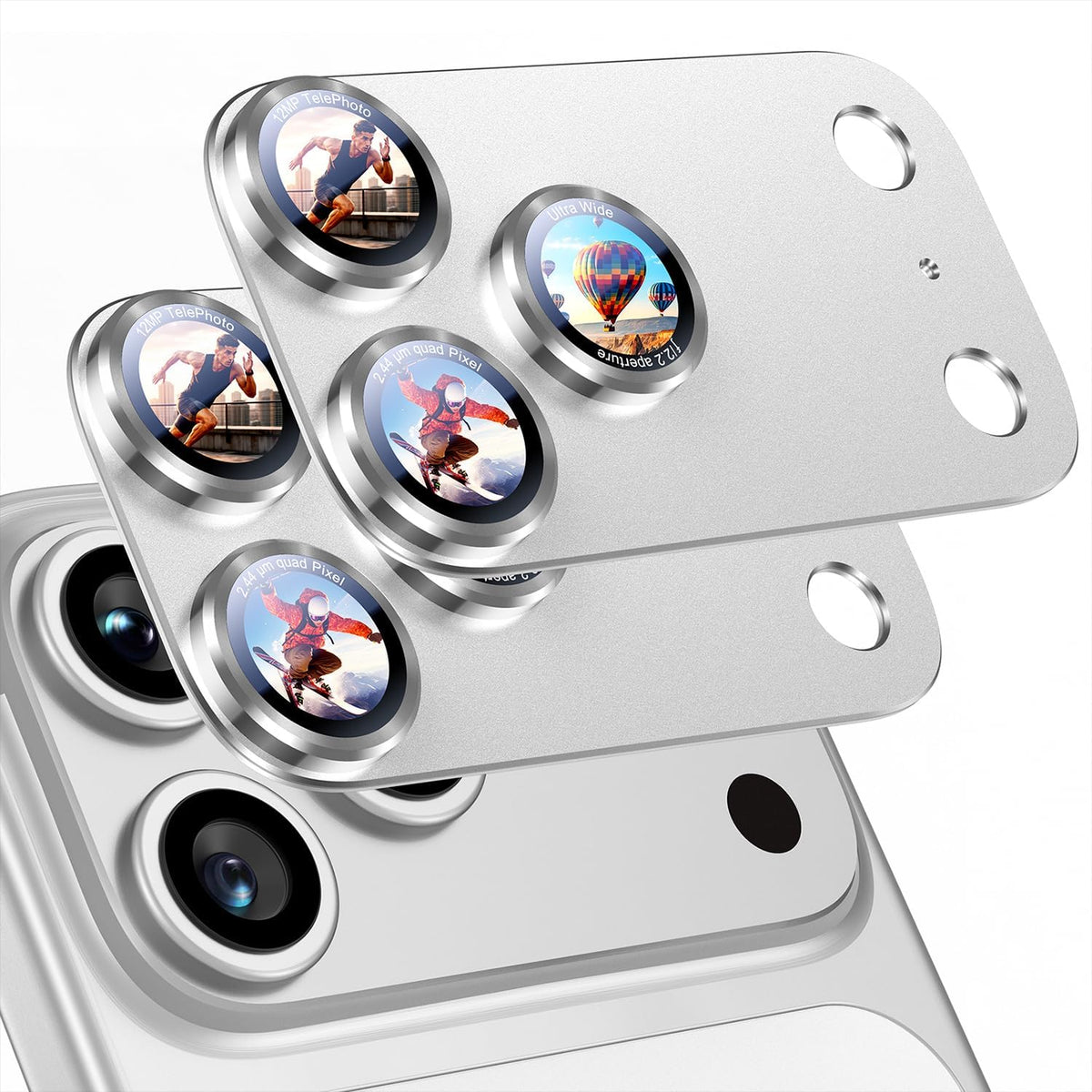 Uyiton for Phone 18 Pro Camera Lens Protector, Metal Frame Glass Cover Text Design, Shatter-Resistant, Strong Adsorption, Case-Friendly, Easy to Install, Silver, 2 Pack